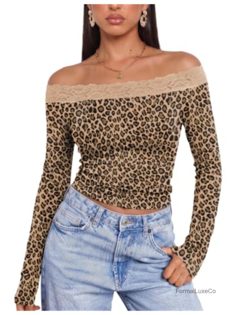 Off Shoulder Knit Top Lace Trim Long Sleeve Going Out Shirt